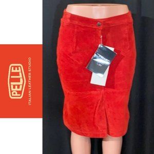 NWT PELLE LEATHER Red Suede Pencil Skirt